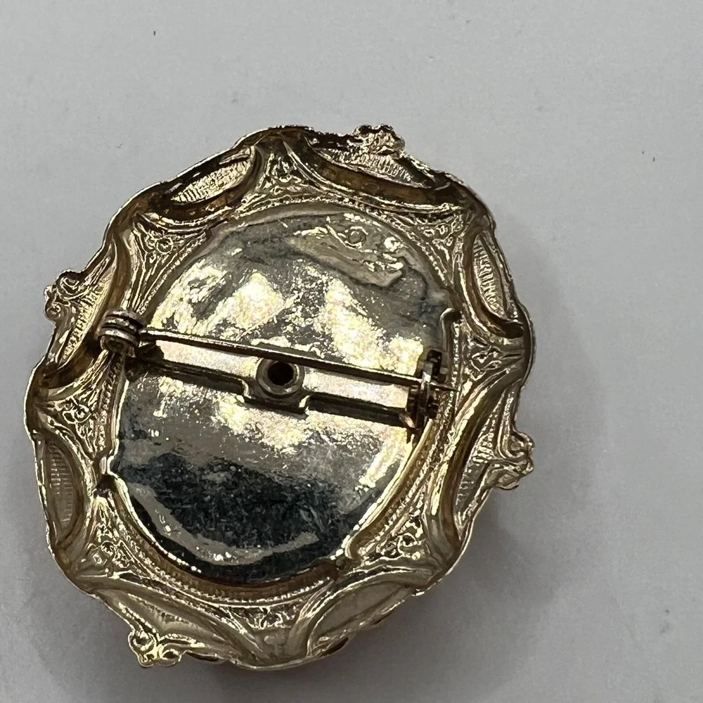 Vintage Faux Cameo Brooch Gold Tone Frame Pin‎